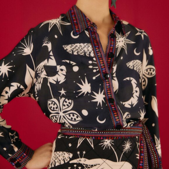 FARM Rio Tops - Farm Rio Cerrado Sky Button Front Shirt in Black Multi Size XL